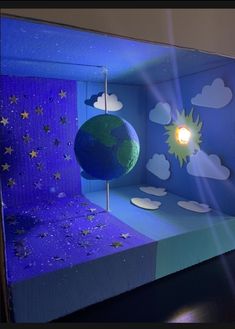 a blue room with a green globe and stars on it