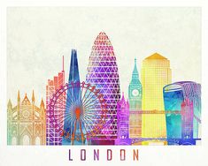 london england skyline art print in watercolor and ink with the word london on it