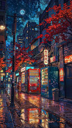 a painting of a city street at night with red leaves on the trees and vending machines