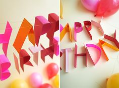 balloons and streamers with the words happy birthday spelled out in pink, orange, and yellow