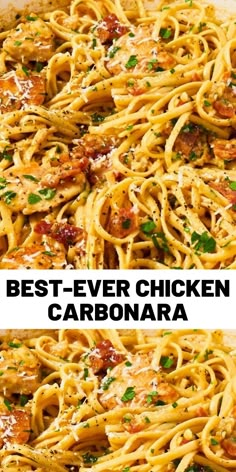 two pictures side by side with the words best - ever chicken carbonara on them