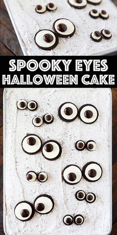 two trays filled with halloween eye cookies on top of a wooden table