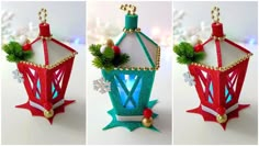 three different images of a christmas ornament with lights and decorations on it's sides