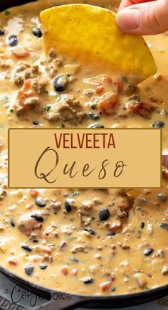 A hand dipping a tortilla chip into a skillet of Velveeta Queso dip. Easy Homemade Queso, Velveeta Queso Dip, Homemade Queso Recipe, Cowboy Queso, Velveeta Queso, Homemade Queso, Queso Dip Recipes, Salsa Guacamole, Queso Recipe