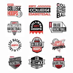 the college basketball logos are shown in red, white and black on a white background