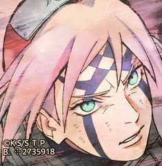 an anime character with pink hair and blue eyes looks at the camera while staring into the distance