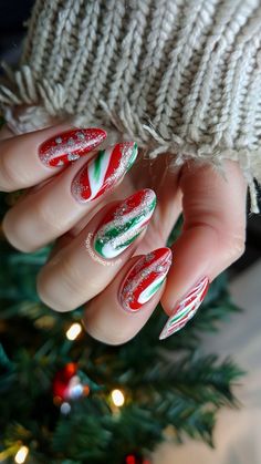 Xmas Nail Designs, Nails Unique, Candy Cane Nails, December Nails, Christmas Gel, Winter Nails Acrylic