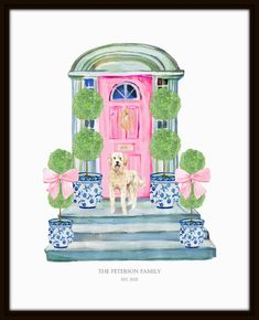 a watercolor painting of a dog in front of a pink door with potted plants