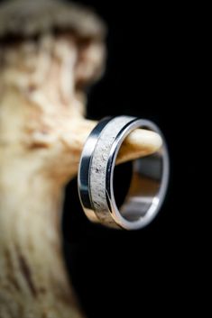 a close up of a wedding ring on top of a piece of wood with an animal's head in the background