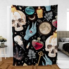 Gothic skull witchy Fleece Blanket-MoonChildWorld Witchy Blanket, Gothic Blanket, Witch Blanket, Moon Blanket, Skull Blanket, Blanket Halloween, Living Space Decor, Cat Blanket, Witchy Decor