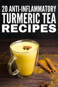 an image of turmric tea recipe in a glass mug with cinnamons on the side