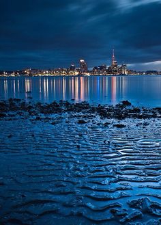 the city skyline is lit up at night by the water's edge, with waves in the foreground