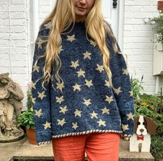 Vintage Knit Sweaters, Knitting Cottagecore, Crochet Star Jumper, Light Fall Outfits, Star Sweater Outfit, Starry Sweater, Chunky Wool Crochet, Vintage Sweater Outfit, Knit Star