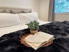 an open book is sitting on top of a tray with a potted plant in it