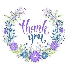 the words thank you are surrounded by purple flowers and green leaves on a white background