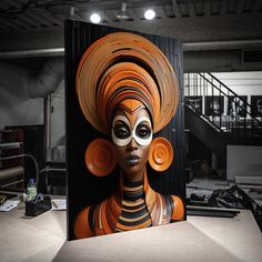 a woman with an orange and black face painted on it's head is standing in front of a box