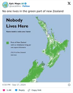 a screen shot of the new zealand map with text that reads no one lives in the green part of new zealand