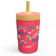 a pink sippy cup with yellow lid and colorful rainbows on the side, says smile bee zak