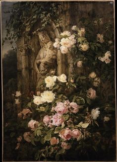 a painting of flowers and a statue in front of a stone wall with ivy on it