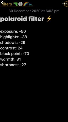 the back side of a cell phone with text on it that reads, polaroid filter exposure