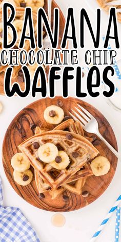 banana chocolate chip waffles on a wooden plate