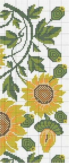 a cross stitch pattern with sunflowers and leaves on the side, in yellow