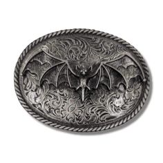 Bat Oval Belt Buckle:      Made in the USA by Mobtown Chicago.  Hand cast, heavy duty, pewter belt buckle.  Resin Color.  Fits standard 1-3/4 inch removable belt buckle belts or smaller. Oval Belt, Vampire Skull, Color Fits, Motorcycle Jacket Mens, Black Snapback, Steampunk Necklace, Halloween Stuff, Silver Logo, Leather Motorcycle Jacket