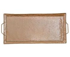 a rectangular metal tray with beading on the edges and handles, in gold color