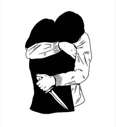 a black and white drawing of a person holding a knife in their arms with the other hand