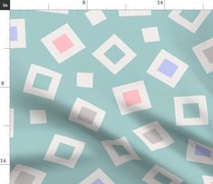 a blue background with squares and rectangles in pastel pink, white, and grey