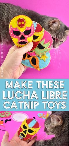 a cat playing with a toy made out of paper mache and fabric, text reads make these lucia libre catnip toys