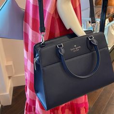 Kate Spade Madison Safiano Leather Medium Satchel Handbag Color: Parisian Night Madison Saffiano Leather Mediu Kc436 Saffiano Leathe Parisian N (403) V76 Madison New With The Tag Authentic Product Details Measurements 11.8" W X 9" H X 5.6" D Handle Drop: 4.75" Features Strap Drop: 22" Metal Pinmount Logo Closure Type: Drop In Top Zip Closure Dust Bag Included: No Interior: Back Zip And Front Slip Pocket Exterior: Front Slip Pocket Materials Saffaino Pvc Lining: Two Way Script Logo Lining Importe Kate Spade Formal Bag In Saffiano Leather, Medium Purse, Everyday Black Kate Spade Satchel, Kate Spade Black Satchel For Travel, Kate Spade Black Saffiano Leather Bag, Kate Spade Black Everyday Satchel, Pretty Tote Bags, Kate Spade Satchel, Purse Outfit