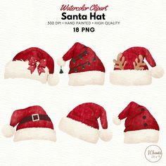 watercolor santa hat clipart set