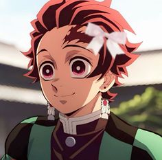 an anime character with red hair and big eyes looks at the camera while standing in front of a building