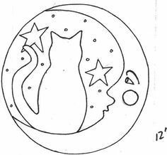 a black and white drawing of a cat sitting on the moon with stars around it