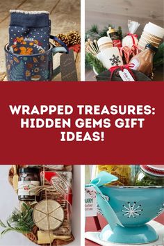 the words wrapped treasures hidden gems gift ideas are in red, white and blue images