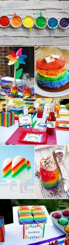 a collage of photos showing different colors of cake and decorations for a rainbow themed birthday party