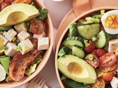 two bowls filled with different types of vegetables and meats on top of each other