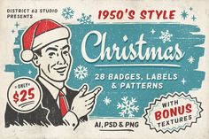 an old fashioned christmas ad with a man wearing a santa hat and holding a ball