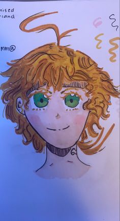 a drawing of a boy with curly hair and green eyes