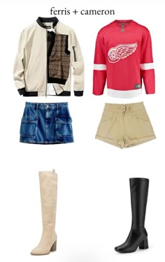 some clothes and boots are arranged in the shape of a jacket, sweater, shorts, and knee - high boots