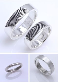 two rings with fingerprints on them, one is white gold and the other is silver