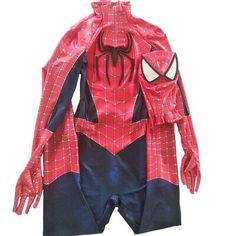 a spider - man costume is shown on display in front of a white background,