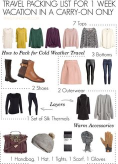 travel packing list for 1 week vacation in a carry - on only, including clothing and accessories