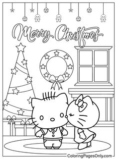 hello kitty christmas coloring pages for kids and adults with the words merry christmas on it