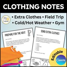 a pair of clothes with the text, clothing notes extra clothes field trip cold / hot weather gym