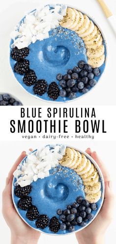 two bowls filled with blueberries, bananas and yogurt on top of each other