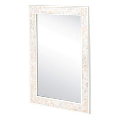 a white framed mirror with mother of pearl inlays on the bottom and sides