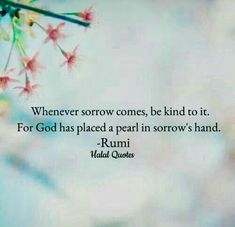 an image of a flower with a quote on it that says, whenever sorow comes, be kind to it for god has placed a pearl in snow's hand rumi