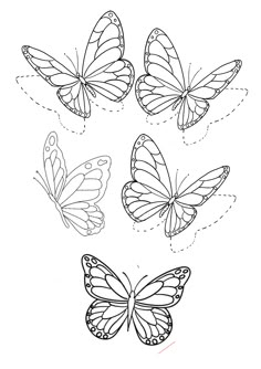 four butterflies flying in the sky with one on its back and one on its side